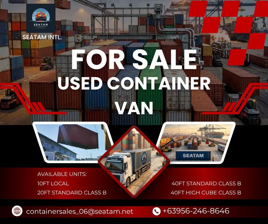 USED CONTAINER VANS (Category: Construction & Building Materials) located in Caloocan City. Submitted by seatam_eric (Listing ID 1443353185, Image 1). Description: LOOKING FOR USED SHIPPING CONTAINERS!? We got you! Available sizes: 20ft, 40ft, and 40HC. Drop us a message for pricing and details! Contact No: 0956-246-8646 E-mail Add: containersales_06@seatam.net Look for: ERIC.
