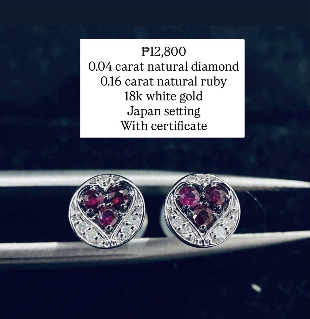 18k Ruby Heart Diamond Earrings with certificate (Category: Earrings) located in San Pedro. Submitted by fabulous.and.affordable (Listing ID 1231479954, Image 1). Description: ₱12,800 0.04 carat natural diamond E-G diamond color 0.16 natural ruby 18k white gold Japan setting With certificate Modes of payment: Gcash or BPI Modes of delivery: LBC or Lalamove.