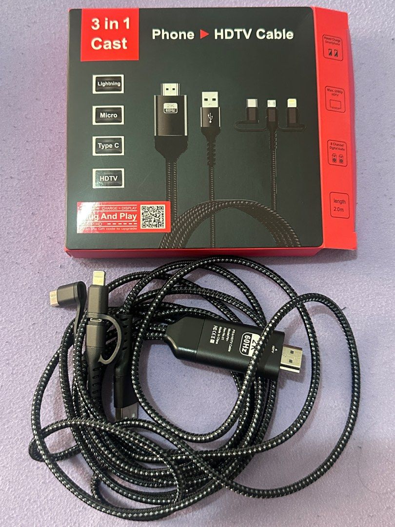 3-in-1 Phone HDTV Cable for Lightning, Micro USB, Type C (Category: Chargers & Cables) located in Taguig. Submitted by graceeeee. (Listing ID 1443547048, Image 2). Description: - Connect your phone to your TV with ease. - Universal compatibility: Supports Lightning, Micro USB, and Type C devices. - Plug and play: No drivers or setup needed. - Enjoy crisp visuals with 2K resolution at 60Hz. - Perfect for streaming movies or sharing photos on a big
