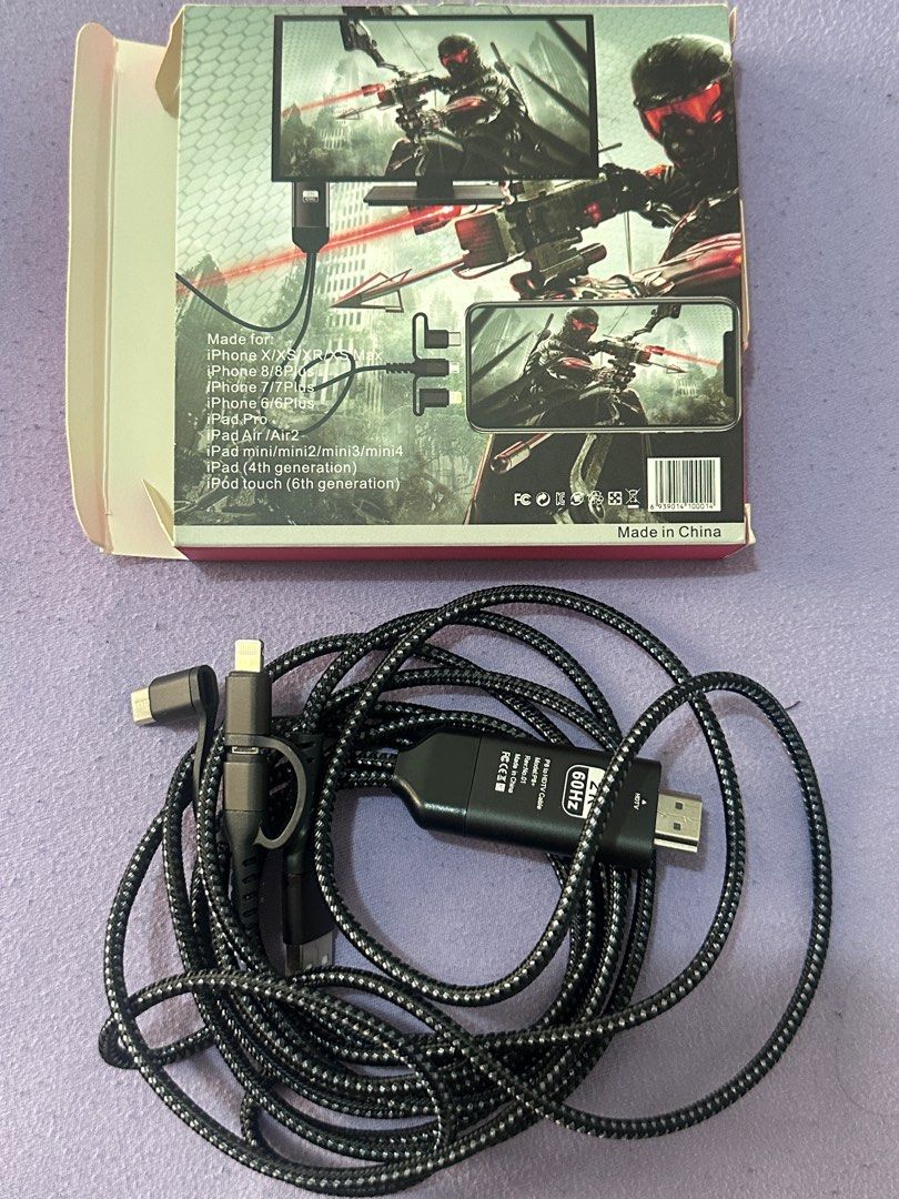 3-in-1 Phone HDTV Cable for Lightning, Micro USB, Type C (Category: Chargers & Cables) located in Taguig. Submitted by graceeeee. (Listing ID 1443547048, Image 3). Description: - Connect your phone to your TV with ease. - Universal compatibility: Supports Lightning, Micro USB, and Type C devices. - Plug and play: No drivers or setup needed. - Enjoy crisp visuals with 2K resolution at 60Hz. - Perfect for streaming movies or sharing photos on a big