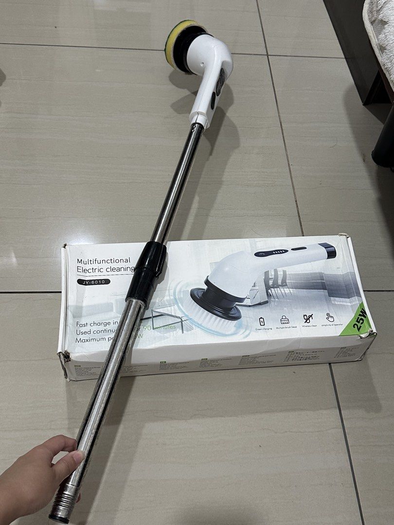8-in-1 Electric Cleaning Brush (Category: Cleaning Tools & Supplies) located in Taytay. Submitted by barkfactory (Listing ID 1443630447, Image 2). Description: 8-in-1 Electric cleaning brush with extendable handle - VERY LIGHTLY USED (4-5 times only) -RFS: di nagagamit - orig price: 1,290 -all parts complete, all heads unused except the green sponge - Fast charge: 3 hours for 90 minutes of continuous use - Powerful 25W motor - Ideal for cleaning 