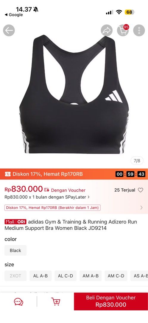 adidas Gym & Training & Running Adizero Run Medium Support Bra Women Black JD9214 S (Kategori: Baju Olahraga) berada di Jakarta Pusat. Dikirim oleh kapallaut (ID iklan 1443576437, Gambar 2). Deskripsi: LD 80-85 Ukuran S Cuma dipake sekali Alasan jual: sudah kekecilan (hehe sedih) Awal beli harganya 1juta, di oren masih 900an. LIKE NEW condition 98% Dicuci sekali. #adidas #nike #puma #sportbra.