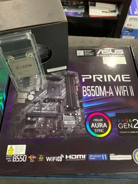 AMD RYZEN 5 5600X + ASUS PRIME B550M-A WIFI II Motherboard & AMD Ryzen CPU (Category: Desktops) located in Caloocan City. Submitted by egiegameshop (Listing ID 1443571401, Image 3). Description: BRANDNEW BUNDLES! WITH PHYSICAL STORE! - AMD RYZEN 5 5600X + ASUS PRIME B550M-A WIFI II Motherboard - AMD Ryzen Processor Included - Stock CPU Cooler Included - All items in original packaging - Ideal for new PC builds - Ready for pickup 𝐄𝐆𝐈𝐄 𝐆𝐀𝐌𝐄