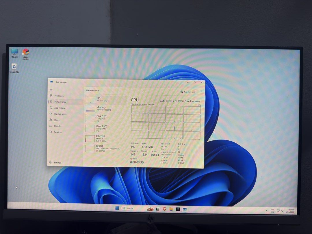 AMD Ryzen 7 5700X Gaming PC (Category: Desktops) located in Manila. Submitted by dddeybidso13588 (Listing ID 1443577401, Image 1). Description: Desktop with 24in IPS Monitor Monitor: HP 24F IPS CPU: Ryzen 7 5700x CPU Cooler: Thermalright Assassin Spirit 120 Evo Dark Motherboard: Asrock B550m Pro4 GPU: Aisurix RX580 8GB 2048SP RAM: TeamGroup T-Force Delta RGB DDR4 16GB (1x16GB) 3200MHz CL18 Storage: 256GB NVMe PSU: Thermaltake TR2 SP 650W Case: GA