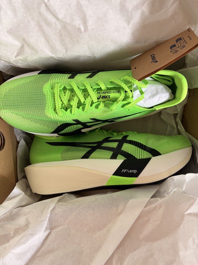 ASICS Metaspeed Edge (US9.5) (Category: Sneakers) located in Singapore. Submitted by solegood05 (Listing ID 1443597544, Image 3). Description: - ASICS Metaspeed Edge racing shoes - Color: Neon green with black accents - Size: 27.5cm / US 9.5 - Lightweight design for speed - Features FF Leap midsole technology - Ideal for speed training and races - Includes original box and tags.