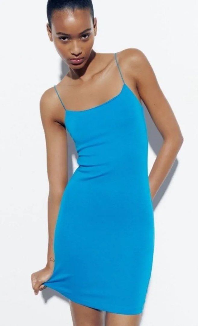 Authentic Zara Blue Bodycon Dress (Category: Dresses) located in Davao. Submitted by whimsylily (Listing ID 1443695092, Image 2). Description: with thin straps. size L on tag. flattering & slightly stretchy never been used! 10/10 quality & condition .