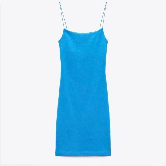 Authentic Zara Blue Bodycon Dress (Category: Dresses) located in Davao. Submitted by whimsylily (Listing ID 1443695092, Image 1). Description: with thin straps. size L on tag. flattering & slightly stretchy never been used! 10/10 quality & condition .