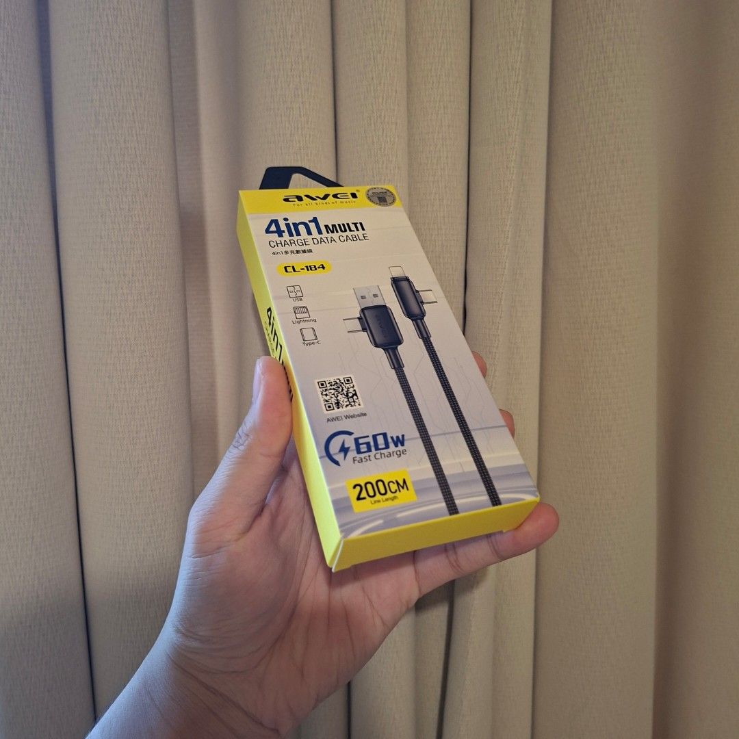 Awei 4 in 1 cable type c type a lighting for iphone apple samsung xiaomi (Category: Chargers & Cables) located in Pasig City. Submitted by last_price_posted (Listing ID 1443638078, Image 2). Description: .