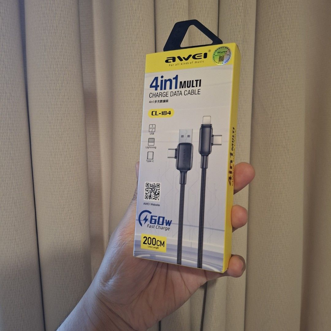 Awei 4 in 1 cable type c type a lighting for iphone apple samsung xiaomi (Category: Chargers & Cables) located in Pasig City. Submitted by last_price_posted (Listing ID 1443638078, Image 3). Description: .