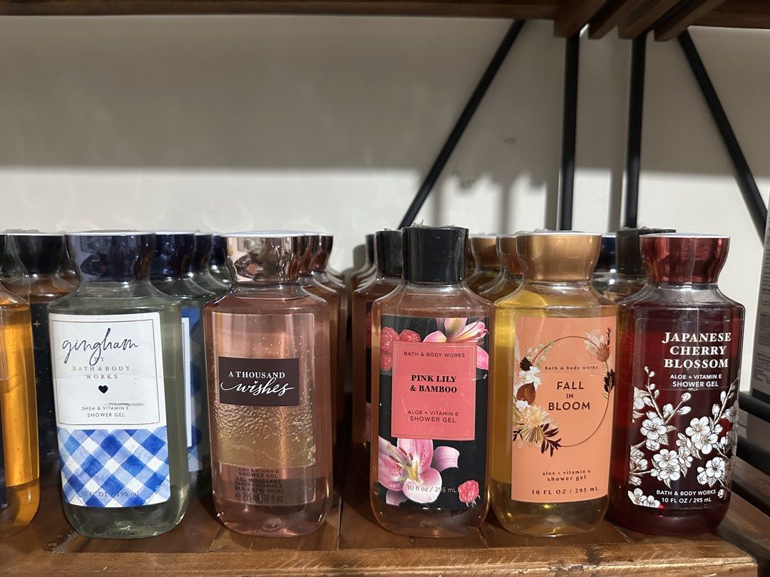 Bath & Body Works Shower Gels - Various Scents (Category: Bath) located in Paranaque City. Submitted by ceceandphoebe (Listing ID 1443533803, Image 2). Description: - Bath & Body Works Shower Gels - Size: 10 fl oz (295 mL) - Available Scents: Japanese Cherry Blossom, Gingham, A Thousand Wishes, Pink Lily & Bamboo, Fall in Bloom, Poppy, Moonlit Path, Into the Night - Ideal for everyday use or as a thoughtful gift.