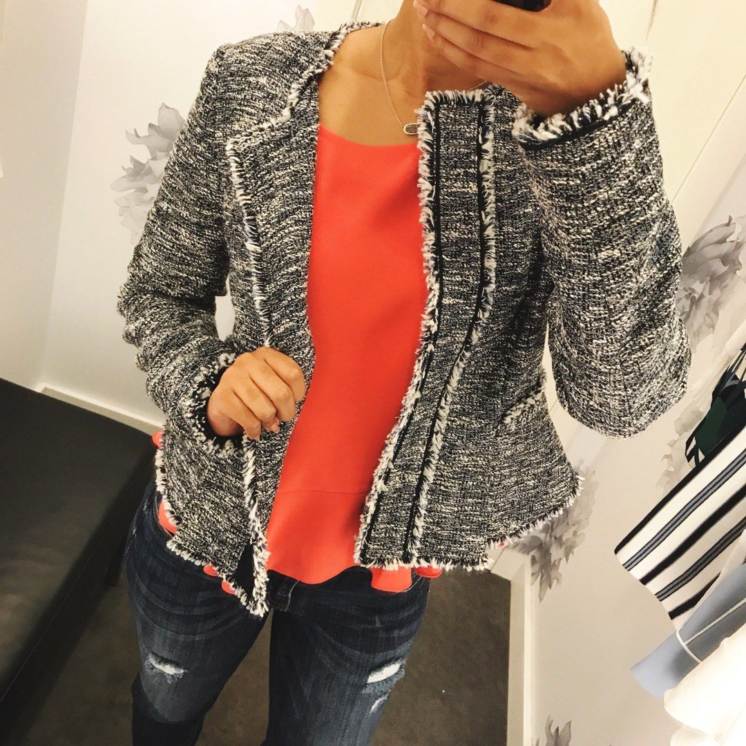 Black and White Tweed Fringed Blazer Jacket (Category: Coats, Jackets and Outerwear) located in Baguio. Submitted by mikmikshope (Listing ID 1443656598, Image 1). Description: - Fit to Semi Large -Classic black and white tweed blazer - Stylish fringed trim on edges and lapels - Single button closure - Perfect for dressing up or down - Ideal for layering over tops or dresses - Suitable for work or a night out.