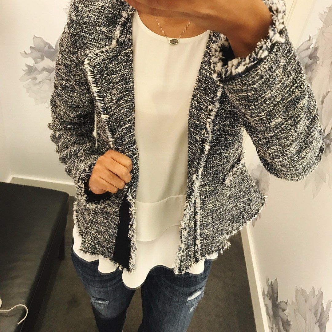 Black and White Tweed Fringed Blazer Jacket (Category: Coats, Jackets and Outerwear) located in Baguio. Submitted by mikmikshope (Listing ID 1443656598, Image 2). Description: - Fit to Semi Large -Classic black and white tweed blazer - Stylish fringed trim on edges and lapels - Single button closure - Perfect for dressing up or down - Ideal for layering over tops or dresses - Suitable for work or a night out.