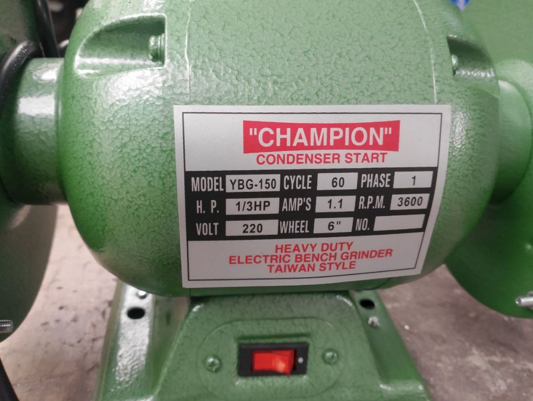 Champion Bench Grinder Specs: 6" 1/3hp (Category: Everything Else Others) located in Manila. Submitted by joeyroque09 (Listing ID 1443508401, Image 2). Description: Champion Bench Grinder Specs: 6" 1/3hp.