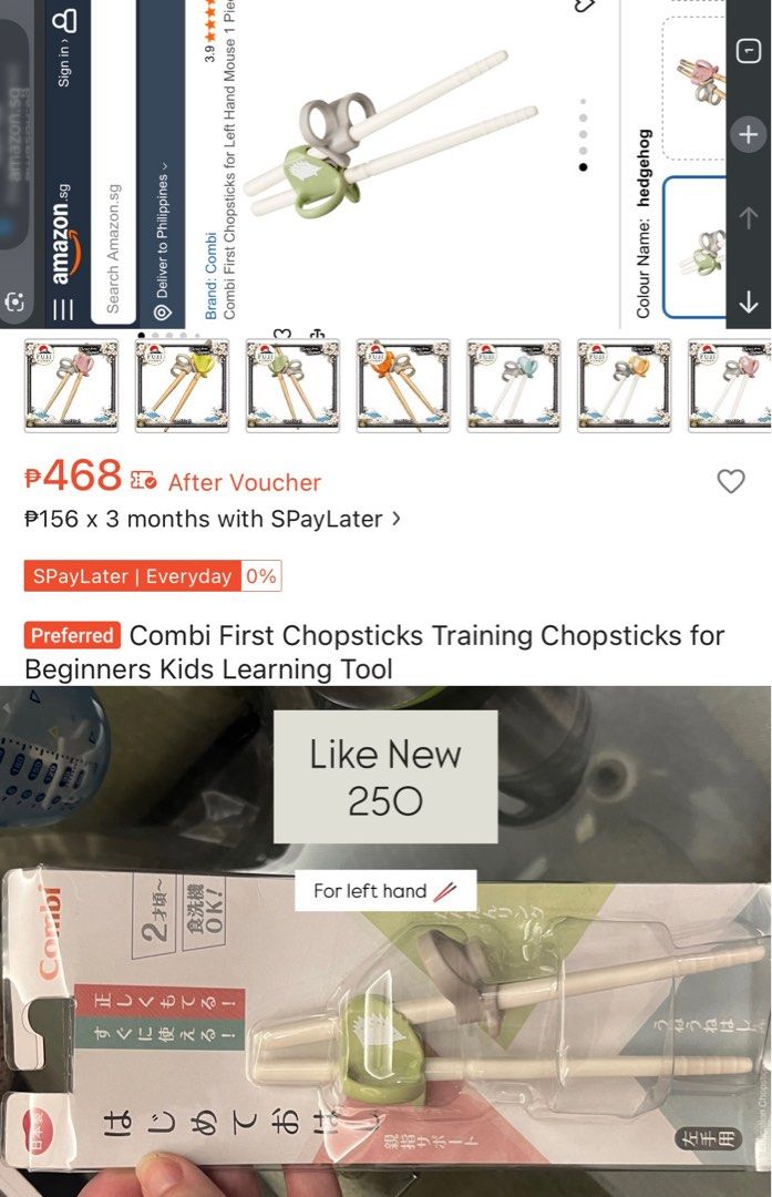 Combi Training Chopsticks for Left Hand (Category: Weaning & Toddler Feeding) located in Taguig. Submitted by liomarket (Listing ID 1443653540, Image 1). Description: - Brand: Combi - Type: Training Chopsticks - Hand Orientation: Left Hand - Design: Cute Hedgehog - Feature: Easy learning grip - Benefit: Dishwasher safe - Condition: Brand New.