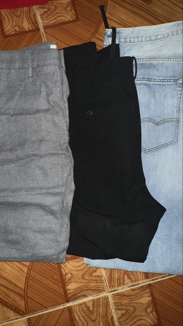 Decluttering Pants (Category: Jeans) located in Manila. Submitted by fffsneaak (Listing ID 1443687998, Image 2). Description: Uniqlo Trousers (above ankle) Size: L Price: 700 H&M Trousers BNEW‼️ Size: 34 Price: 600 American Eagle Jeans Size: 34x36 see pic for flaw Price: 500 Take all for ₱1,500 + sf/df WYSIWYG‼️‼️.