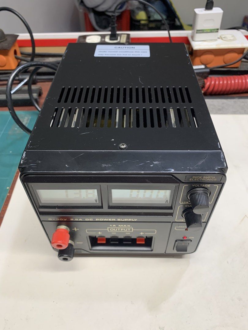 Dick Smith Electronics 0-30V 2.5A DC Power Supply Working Condition (Category: Cables & Adaptors) located in Paranaque City. Submitted by seb_trading (Listing ID 1443508994, Image 2). Description: - Dick Smith Variable Power Supply - Adjustable Voltage: 0-30V - Adjustable Current: Up to 2.5A - Digital Displays for Voltage and Current - Output Terminals: Binding Posts and Screw Terminals - Front Panel Power Switch and Indicator Light - Tested and 