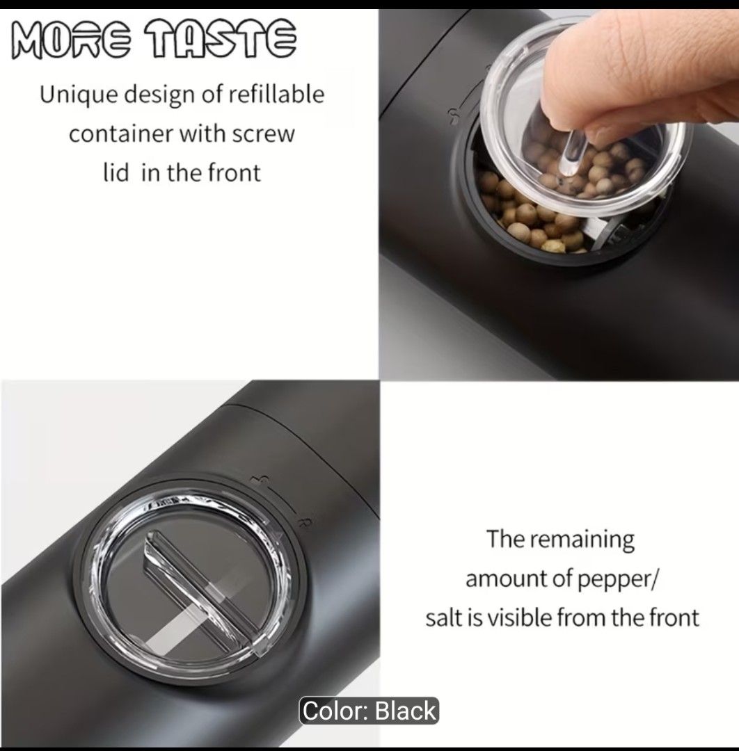 Electric Salt and Pepper Grinder 2pc set (Category: Food Organization & Storage) located in Makati City. Submitted by khrizaccessories (Listing ID 1443672897, Image 3). Description: battery operated.
