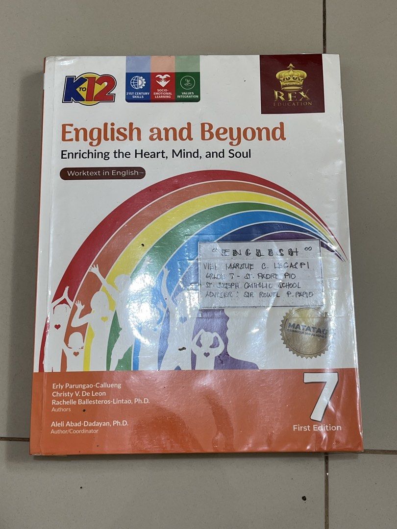 English and Beyond Grade 7 Book (Category: Textbooks) located in San Juan City. Submitted by monooo0000 (Listing ID 1443568354, Image 1). Description: - English and Beyond Worktext in English for Grade 7 - Published by Rex Education - First Edition MOP: GCASH, BDO MOD: Lalamove.