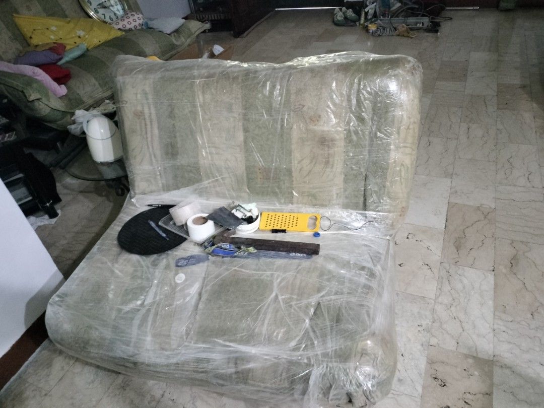 Green Striped Sofa Chair (Category: Sofas) located in Cavite. Submitted by indigence (Listing ID 1443499827, Image 2). Description: - Green striped sofa chair - Wrapped in protective plastic - Features a green and beige striped fabric pattern - Comfortable seating for one person - all can be used as a bed - Ready for use rfs: decluttering to upgrade negotiable cover can be removed and washed needs cleaning 1set 3 pcs.