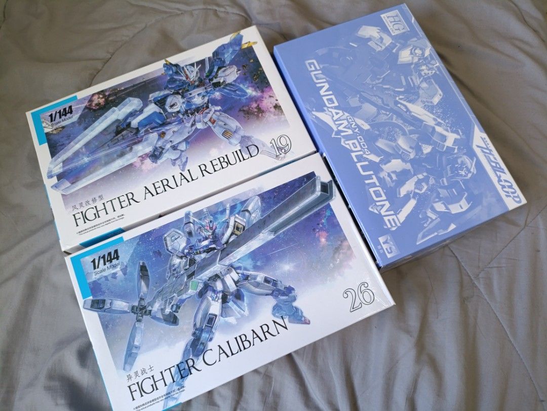 HG Gundam Aerial Rebuild, Calibarn, Plutone Set KO Model Kits (Category: Gundam Model Kits) located in Singapore. Submitted by nv.plamo (Listing ID 1443508156, Image 2). Description: - Selling 3 High Grade Gundam Model Kits - Scale: 1/144 - Kits included: - Fighter Aerial Rebuild (built) - Fighter Calibarn (HG 26) (Box opened, unbuilt, contents complete) - Gundam Plutone (GNY-004) (Sealed) - Ideal for Gundam collectors and model builders.