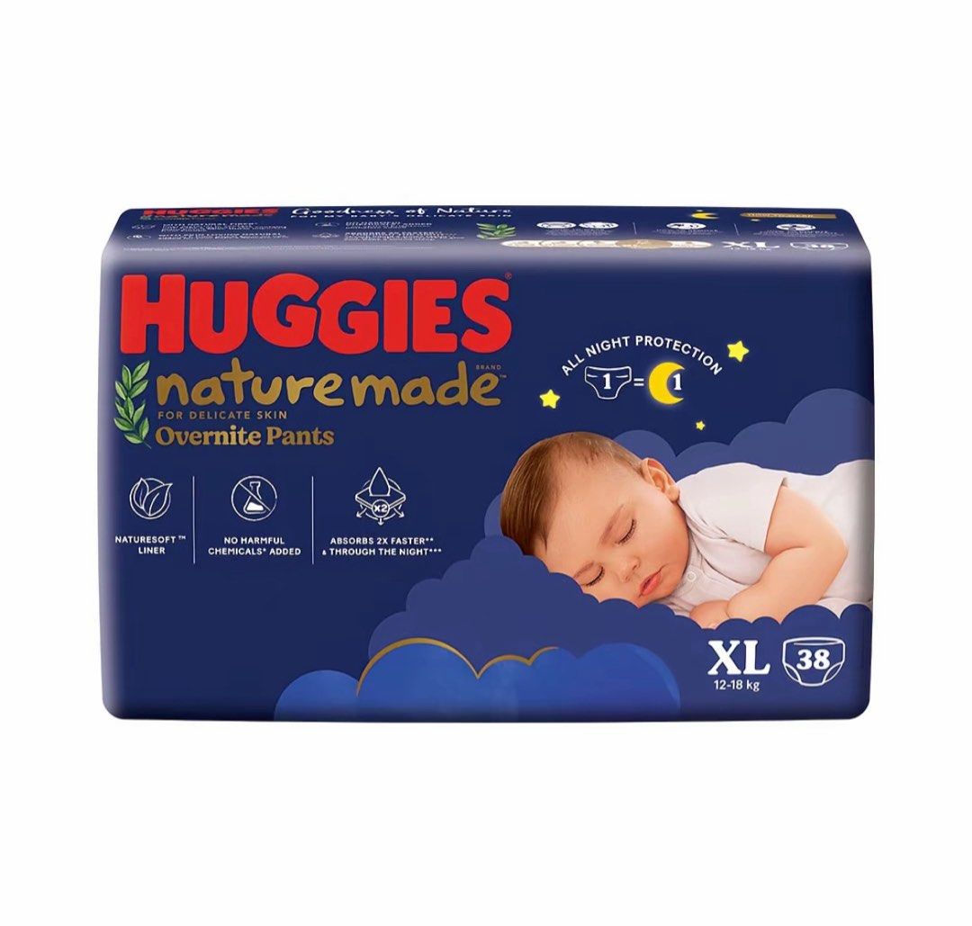 Huggies Naturemade Overnight Pants XL (38 pcs) (Category: Diapers & Baby Wipes) located in Imus. Submitted by hssj2026 (Listing ID 1443554591, Image 1). Description: - Huggies Naturemade Overnight Pants - Size: XL - Pack Size: 38 pieces - Ideal for delicate skin - All-night protection - Features NatureSoft liner - No harmful chemicals added - Absorbs 2x faster - Suitable for babies weighing 12-18 kg BOUGHT FOR A GIFT. WRONG SIZE..
