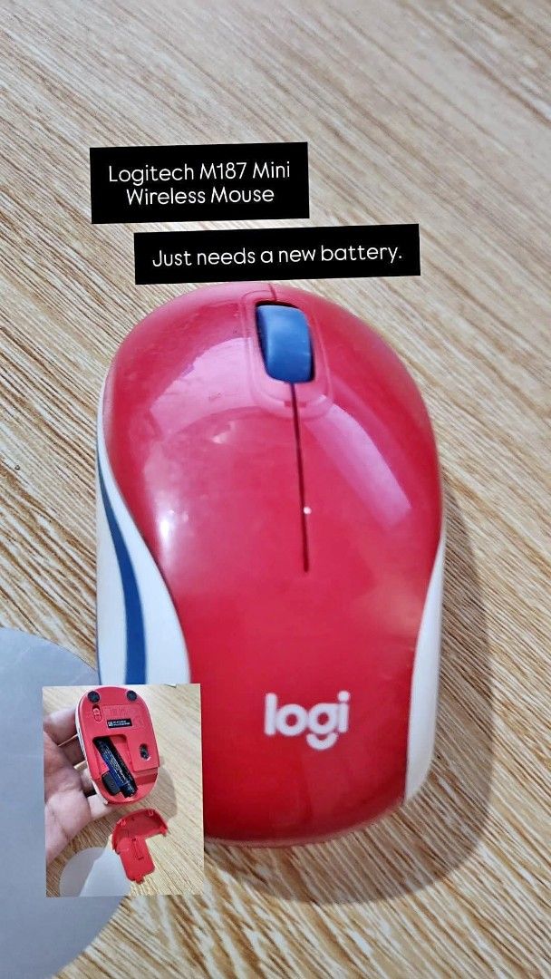 Logitech M187 Mini Wireless Mouse - Red (Category: Mouse & Mousepads) located in Paranaque City. Submitted by giamarief (Listing ID 1443527189, Image 1). Description: - Logitech M187 Mini Wireless Mouse - Eye-catching Red and White design - Compact and portable, ideal for travel or tight spaces - Requires one new battery to function (battery compartment shown in inset photo).