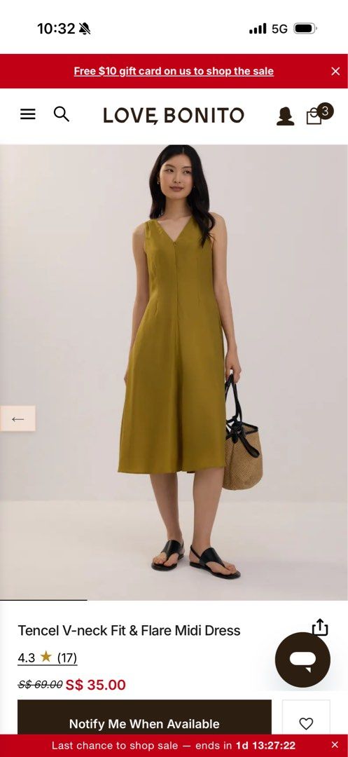 Love, Bonito Tencel V-neck Fit & Flare Midi Dress (Category: Dresses) located in Singapore. Submitted by movingoutsale18 (Listing ID 1443514434, Image 1). Description: - Brand: Love, Bonito - Material: Tencel - Neckline: V-neck - Style: Fit & Flare Midi Dress - Color: Olive Green - Occasion: Casual outings or dressing up - Original Price: S$69.00 - Selling Price: S$35.00.