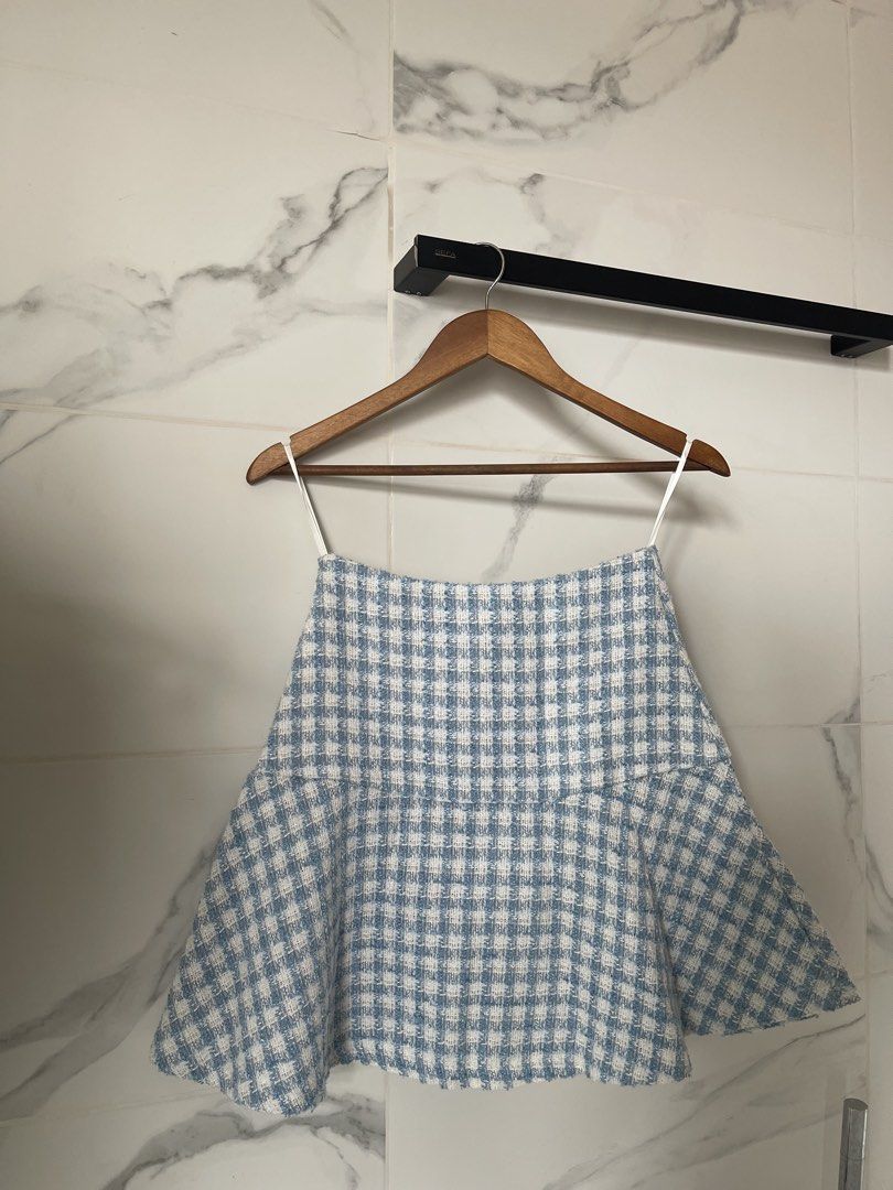 Mango Blue and White Checkered Tweed Skirt - S (Category: Skirts) located in Angeles City. Submitted by svrn_declutter (Listing ID 1443549365, Image 2). Description: Mango Blue Checkered Tweed Skirt - S - worn once/twice - seamlessly zippered by the side - tweed textured fabric - pockets are only for design, slight gold detail on the fabric - Waist: 26 in | Length: 17.5 in (measured manually) - rfs: decluttering - mop: gcash only.