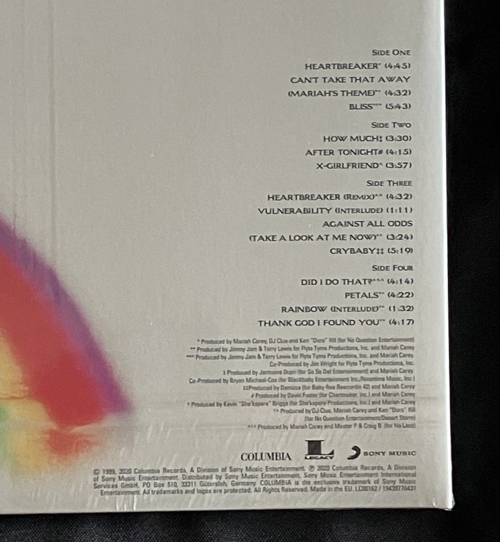 MARIAH CAREY Rainbow 2x Vinyl LP (Category: Vinyls) located in Paranaque City. Submitted by d33t00 (Listing ID 1443653215, Image 3). Description: MARIAH CAREY Rainbow 2x Vinyl LP Tracklist: A1 Heartbreaker A2 Can’t Take That Away (Mariah’s Theme) A3 Bliss B1 How Much B2 After Tonight B3 X-Girlfriend C1 Heartbreaker (Remix) C2 Vulnerability (Interlude) C3 Against All Odds (Take A Look At Me Now) C4 Crybaby D1 Did I Do That? D2 Petals D3 Rainbow (I