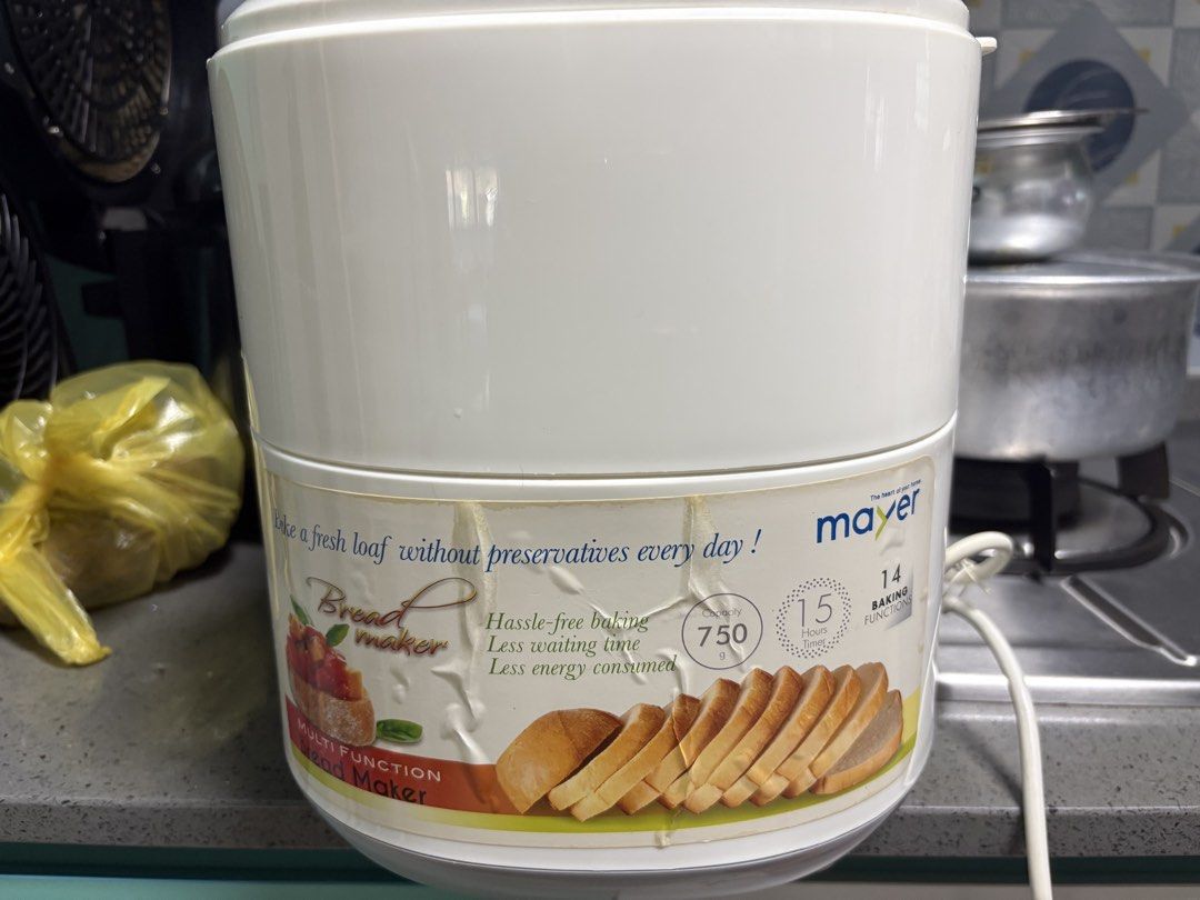 Mayer Bread Maker Multi-Function 750g (Category: Breadmakers) located in Singapore. Submitted by dana1301 (Listing ID 1443575320, Image 2). Description: - Mayer Bread Maker for effortless homemade bread - Bake fresh loaves without preservatives - Fast and energy-efficient operation - 14 versatile baking functions: - Soft Bread, Sweet Bread, French Bread, Graham Bread - Rapid Bread, Sugar-Free Bread, Multigrain Bread - Buttered Toast, Soft Cakes, 
