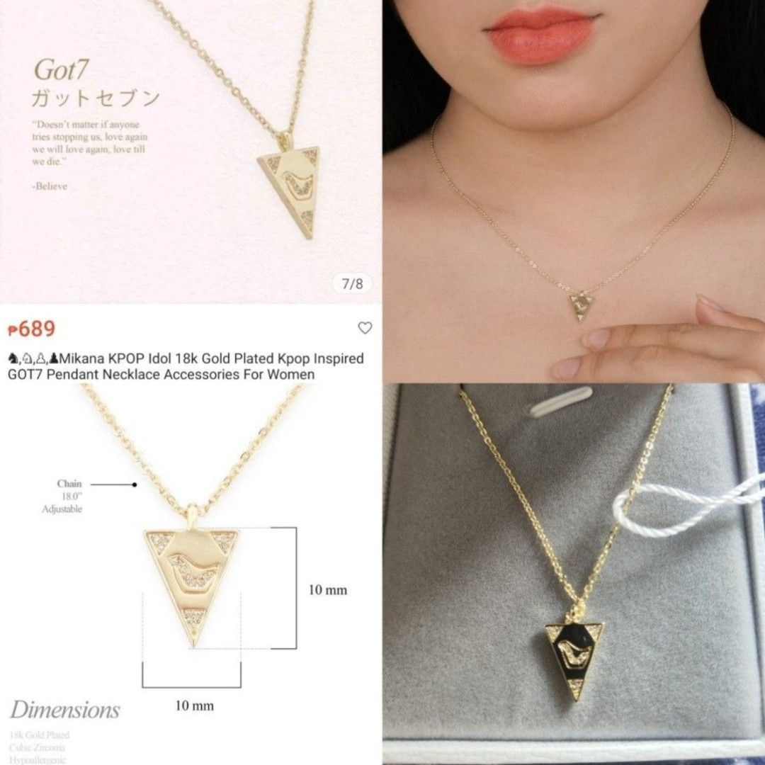 Mikana Necklace with Pendant (Category: Necklaces) located in Quezon City. Submitted by rosepam (Listing ID 1443516056, Image 3). Description: Mikana Necklace with Pendant 18k gold plated, Cubic zircon crystals Hypoallergenic With jewelry box and jewelry pouch Design: 100/each .. FIX PRICE SUNAKO Start Up inspired (2 pcs avail) Kpop Idol GOT7 Hikoki Airplane Uraraka my hero academia (1 PC avail) Artemis (5 pcs avail) Thinking Out Loud (3 pcs avai