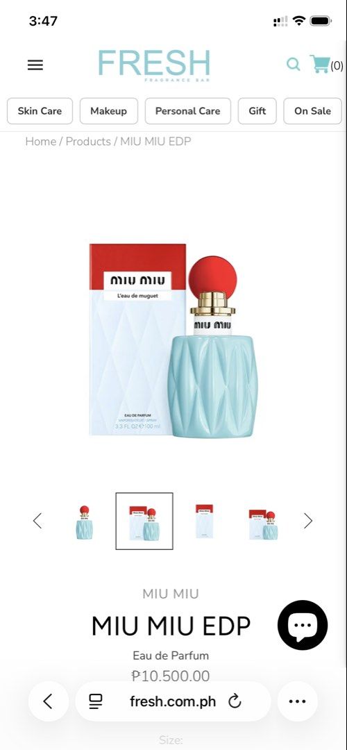 Miu Miu L'eau de Muguet Eau de Parfum 100ml (Category: Fragrance & Deodorants) located in Manila. Submitted by summerstyled (Listing ID 1443577899, Image 1). Description: - Miu Miu L'eau de Muguet Eau de Parfum - 100ml bottle - Fresh fragrance - Purchased from fresh.com.ph - Original packaging included -srp 10,500 -Head note: Lily of the valley Heart note: Green accord Base note: Akigalawood .