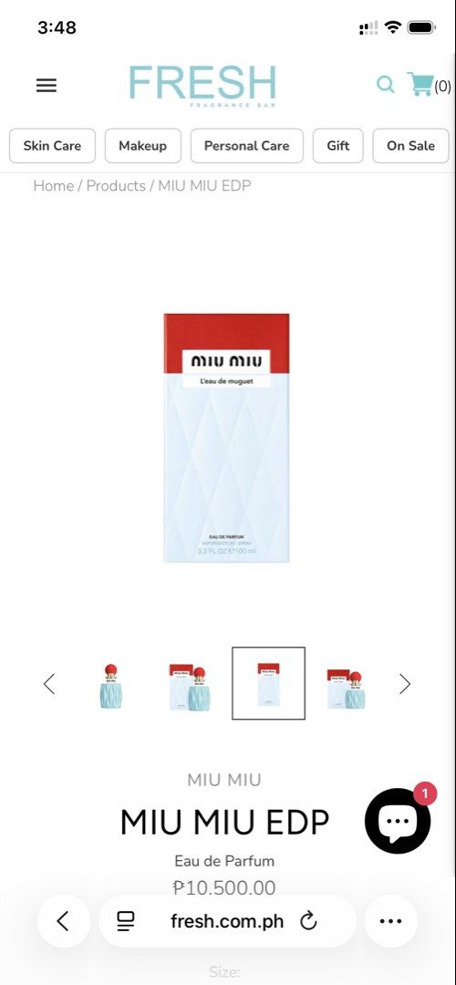 Miu Miu L'eau de Muguet Eau de Parfum 100ml (Category: Fragrance & Deodorants) located in Manila. Submitted by summerstyled (Listing ID 1443577899, Image 2). Description: - Miu Miu L'eau de Muguet Eau de Parfum - 100ml bottle - Fresh fragrance - Purchased from fresh.com.ph - Original packaging included -srp 10,500 -Head note: Lily of the valley Heart note: Green accord Base note: Akigalawood .