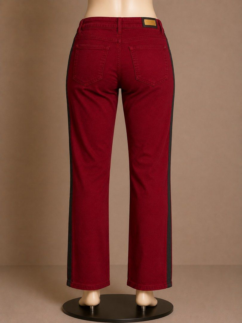 Original Zara Maroon Pants with Black Side Stripe (Category: Jeans) located in Las Pinas. Submitted by abby_e_g (Listing ID 1443634725, Image 2). Description: - Stylish maroon denim jeans - Features a sleek black stripe down each leg - Classic straight leg cut for a comfortable fit - Secure button and zip front closure - Convenient front and back pockets Waist: 25/27.