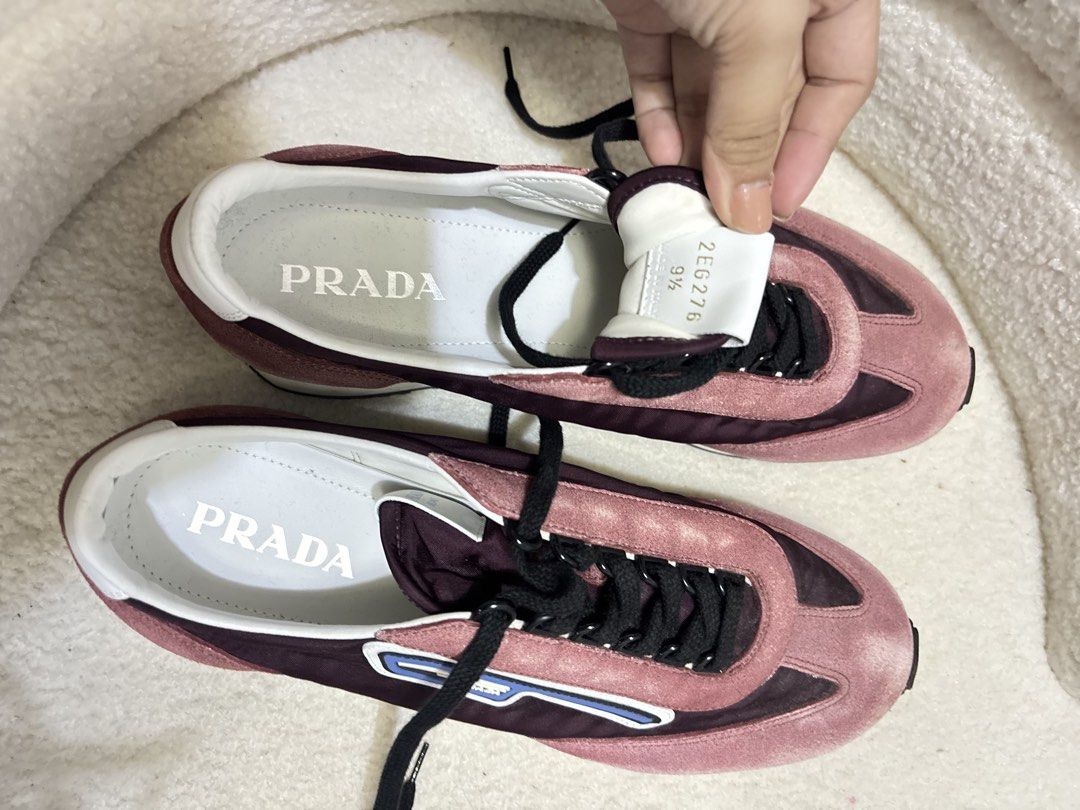 Prada Suede Nylon MILANO 70 Sneakers (Category: Sneakers) located in San Mateo. Submitted by nomhuep (Listing ID 1443664143, Image 3). Description: AUTHENTIC GOT THIS FROM CANADA - Prada Sneakers Burgundy and Pinkish-Mauve mix - Closure: Lace-up - Size: 9.5 .