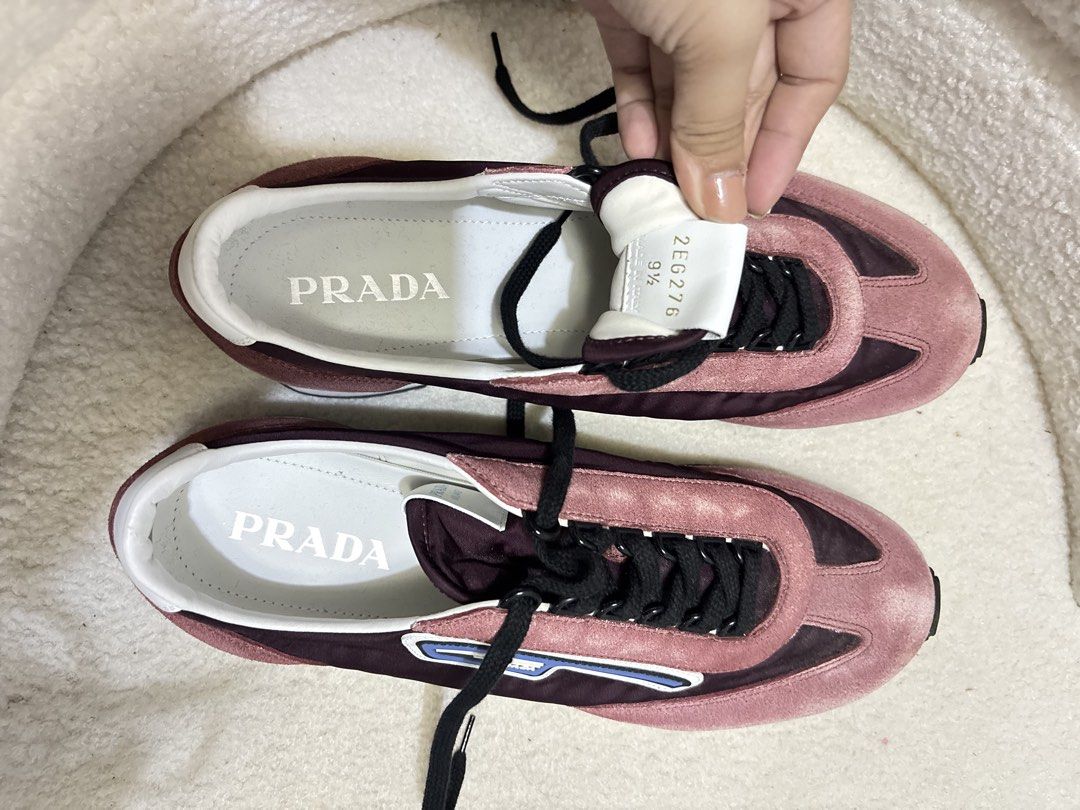 Prada Suede Nylon MILANO 70 Sneakers (Category: Sneakers) located in San Mateo. Submitted by nomhuep (Listing ID 1443664143, Image 2). Description: AUTHENTIC GOT THIS FROM CANADA - Prada Sneakers Burgundy and Pinkish-Mauve mix - Closure: Lace-up - Size: 9.5 .