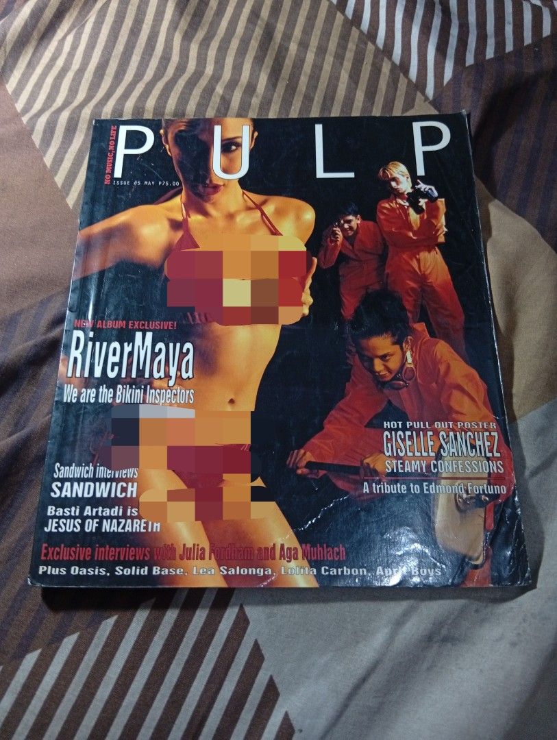 Rare PULP Magazine Issue #5 May 2000- RiverMaya, Sandwich (Category: Magazines) located in Manila. Submitted by back_to_the_thrift (Listing ID 1443527912, Image 1). Description: - Pulp Magazine featuring RiverMaya and Giselle Sanchez - Interviews with Sandwich, Basti Artadi, Julia Barretto, and Aga Muhlach - Articles on Oasis, Solid Base, Lea Salonga, Lolita Carbon - Includes a hot pull-out poster of Giselle Sanchez.