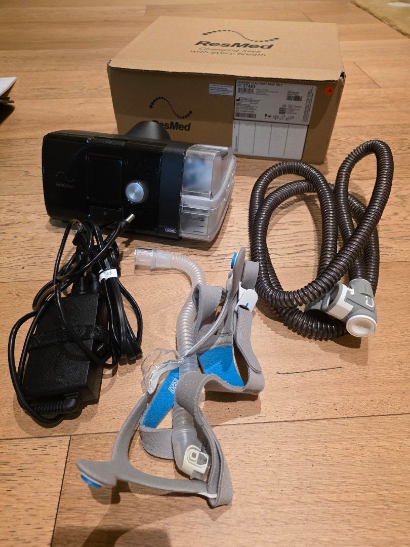 ResMed CPAP Machine with Mask and Hose (Category: Medical Supplies & Tools) located in Makati City. Submitted by happyeliz (Listing ID 1443671554, Image 2). Description: - Complete ResMed CPAP machine set - Includes mask, tubing, and power adapter - Packed in a convenient travel case - Original box included - Ideal for both home use and travel.