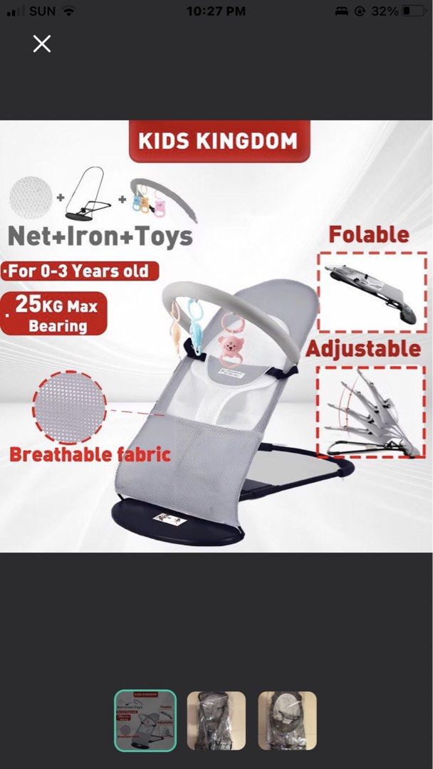 Rocking Chair/bouncer (Category: Infant Playtime) located in Pasig City. Submitted by nihaoma0_0 (Listing ID 1443655755, Image 1). Description: Price: ₱180 • Condition: Like new, used only 3–5x • Note: No toys included, but has hooks/holders so you can add your own • Reason for selling: No longer needed • Type: Baby bouncer / rocker.