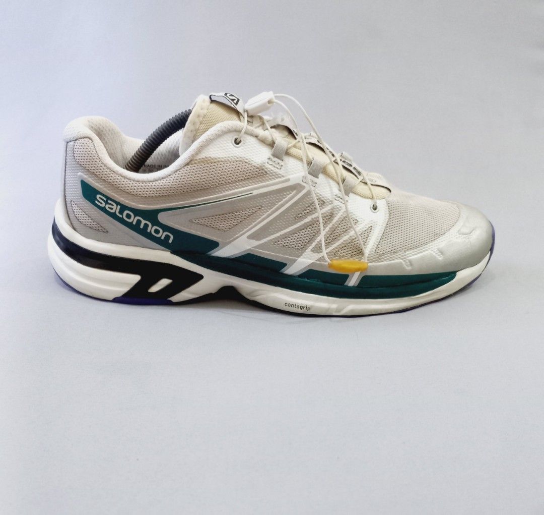 Salomon XT Wings Trail Running Shoes (Category: Sneakers) located in Cebu City. Submitted by MrLiks_123 (Listing ID 1443541122, Image 2). Description: Salom0n XT-Wings 2 Advanced 'Vanilla Ice' " Contagrip Trail Running Sneakers, Size 11 us | 45 eur | 29 cm Featuring a cream mesh upper with distinct teal and metallic silver overlays. This trail-running silhouette is equipped with an Agile Chassis System for stability and a signature Quicklace syst