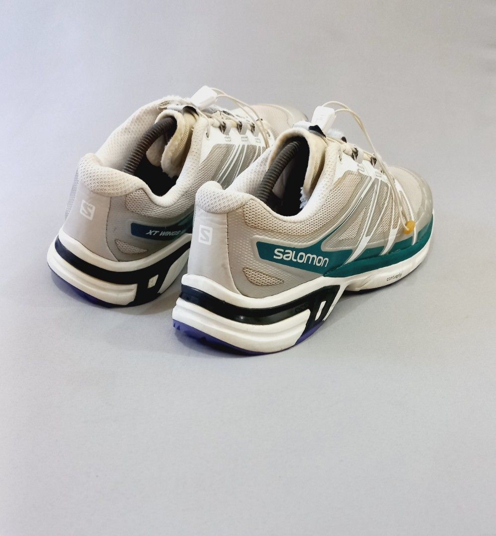 Salomon XT Wings Trail Running Shoes (Category: Sneakers) located in Cebu City. Submitted by MrLiks_123 (Listing ID 1443541122, Image 3). Description: Salom0n XT-Wings 2 Advanced 'Vanilla Ice' " Contagrip Trail Running Sneakers, Size 11 us | 45 eur | 29 cm Featuring a cream mesh upper with distinct teal and metallic silver overlays. This trail-running silhouette is equipped with an Agile Chassis System for stability and a signature Quicklace syst