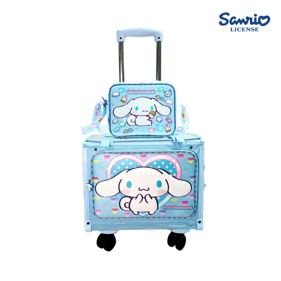 Sanrio Cinnamoroll Rolling Luggage Set (Category: Luggage) located in Cavite. Submitted by justforthrift (Listing ID 1439862697, Image 1). Description: Brandnew RFS: Backpack na pala sa level nila Selling it below the original price. - Sanrio Cinnamoroll rolling luggage set. - Includes a rolling suitcase and a smaller matching bag. - Light blue color with Cinnamoroll graphics. - Suitcase has a retractable handle and wheels. - Perfect for kids and