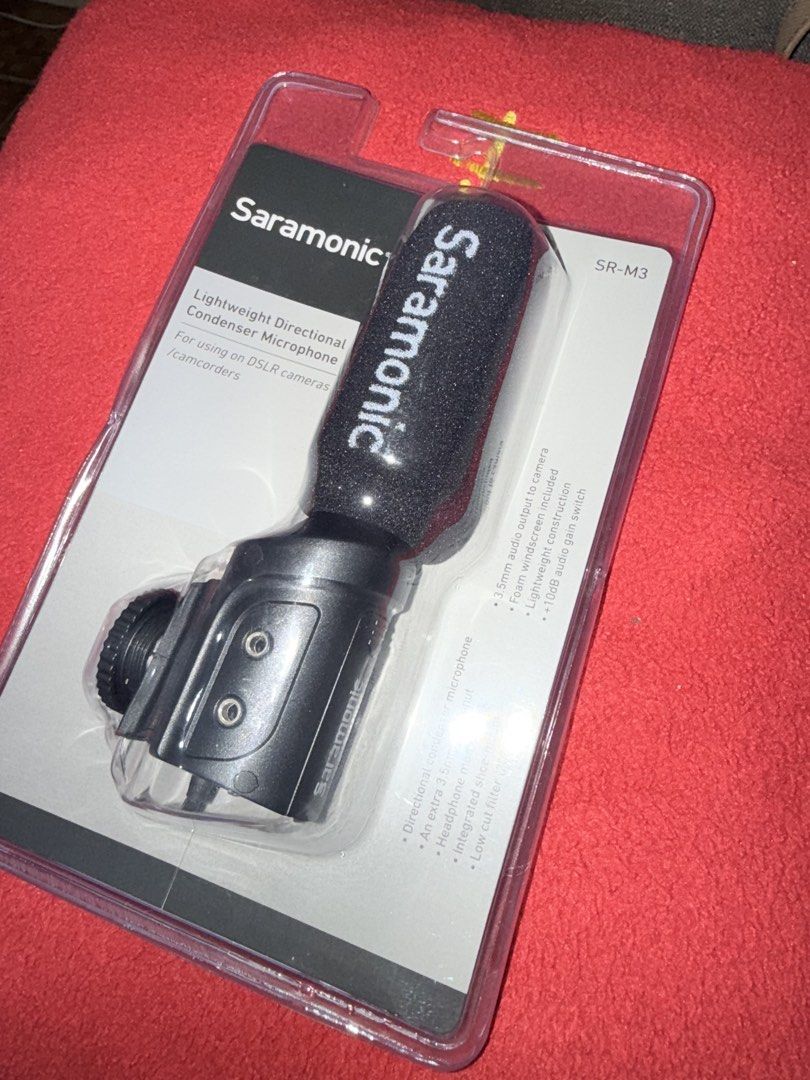 Saramonic SR-M3 Lightweight Directional Condenser Microphone (Category: Microphones) located in Manila. Submitted by waldorfsupremacy (Listing ID 1443683426, Image 2). Description: - Lightweight directional condenser microphone - Ideal for DSLR cameras and camcorders - Built-in low cut filter for cleaner audio - Integrated shock mount reduces handling noise - Simple 3.5mm audio output - Includes foam windscreen for wind noise reduction - Easy to 