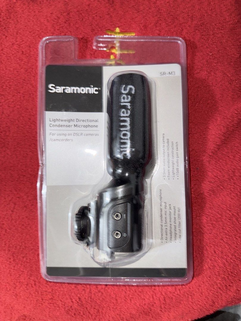 Saramonic SR-M3 Lightweight Directional Condenser Microphone (Category: Microphones) located in Manila. Submitted by waldorfsupremacy (Listing ID 1443683426, Image 1). Description: - Lightweight directional condenser microphone - Ideal for DSLR cameras and camcorders - Built-in low cut filter for cleaner audio - Integrated shock mount reduces handling noise - Simple 3.5mm audio output - Includes foam windscreen for wind noise reduction - Easy to 