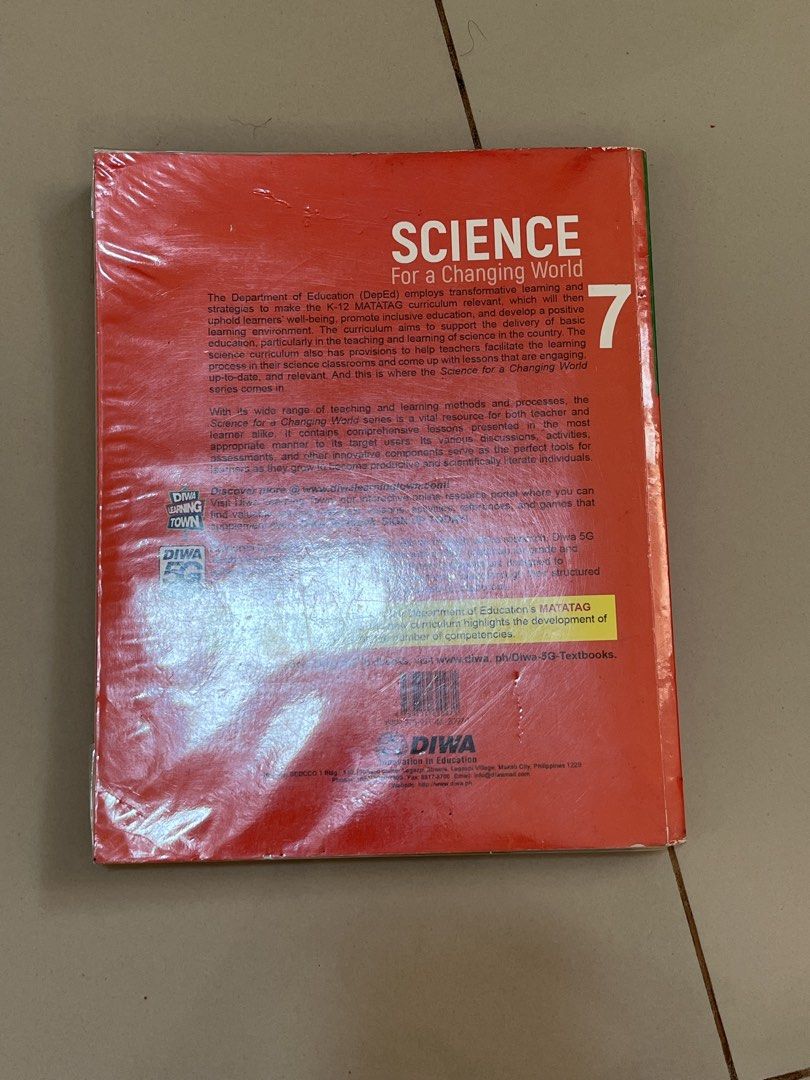 Science for a Changing World 7 Textbook - Matatag Curriculum Compliant (Category: Textbooks) located in San Juan City. Submitted by monooo0000 (Listing ID 1443569592, Image 2). Description: - Grade 7 Science Textbook - Aligned with Matatag Curriculum - Published by Diwa Learning Town MOP: GCASH, BDO MOD: Lalamove.