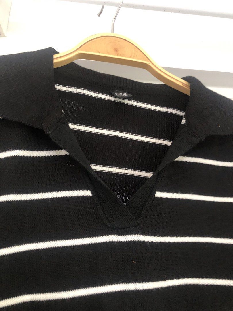 SHEIN Black and White Striped Collared Sweater - One Size (Category: Longsleeves) located in Manila. Submitted by rshay (Listing ID 1443519237, Image 3). Description: - Black and white striped sweater - Brand: SHEIN - Size: One Size Fits All - Features: Collared neckline with V-cut, Long sleeves - Origin: Made in Turkey - Styling: Easy to pair with jeans or skirts.