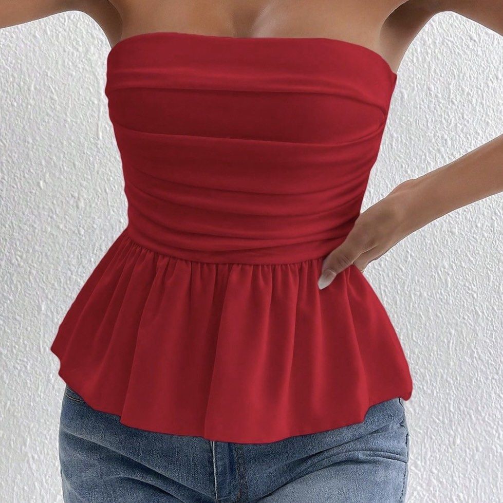 SHEIN Red Peplum Tube Top (Category: Sleeveless) located in Quezon City. Submitted by oddatellier (Listing ID 1443512011, Image 1). Description: .