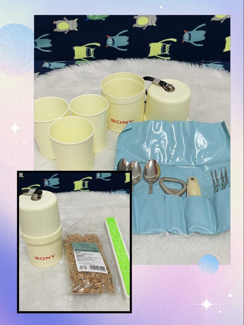 Take sony all camping picnic items (Category: Hiking & Camping) located in Quezon City. Submitted by sissymissy1527 (Listing ID 1442990566, Image 1). Description: 1.Vintage Sony picnic or camping set 2.50g package of Japanese apple wood smoke chips designed for food smoking 3.Chopsticks w/case.