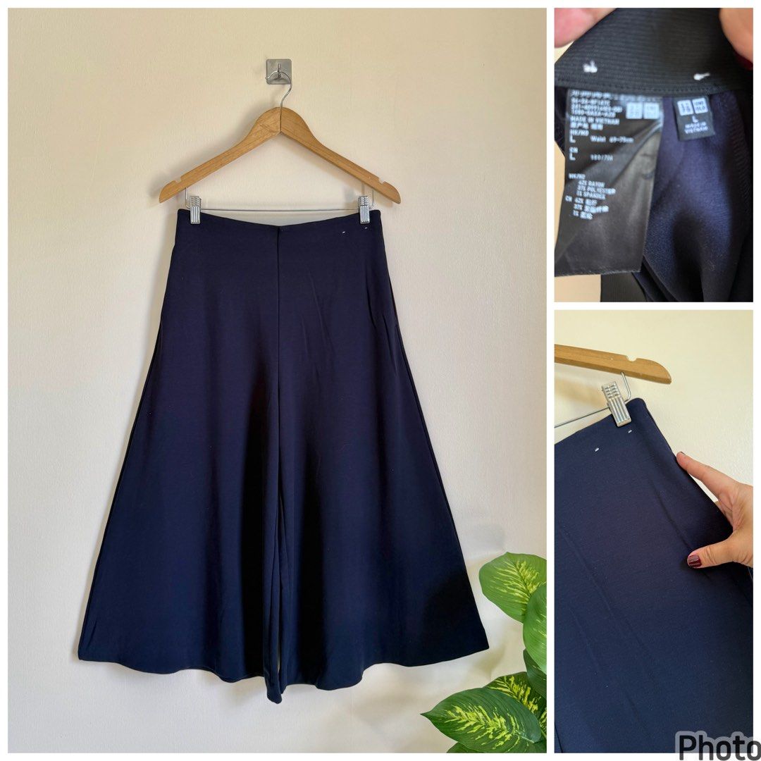Uniqlo navy blue wide leg drape cullotes (Category: Other Bottoms) located in Makati City. Submitted by cutefabph (Listing ID 1443527357, Image 1). Description: 🛍️Pls.take time to read… 🛍️ Pls take note that some ww photos are inspired & not the actual one itself. 🛍️🛍️Gentle Reminder:🛍️🛍️ We measured every item esp trousers & other bottoms thru flat-lay… We will not allow refund & return anymore. So pls take time to read the description box