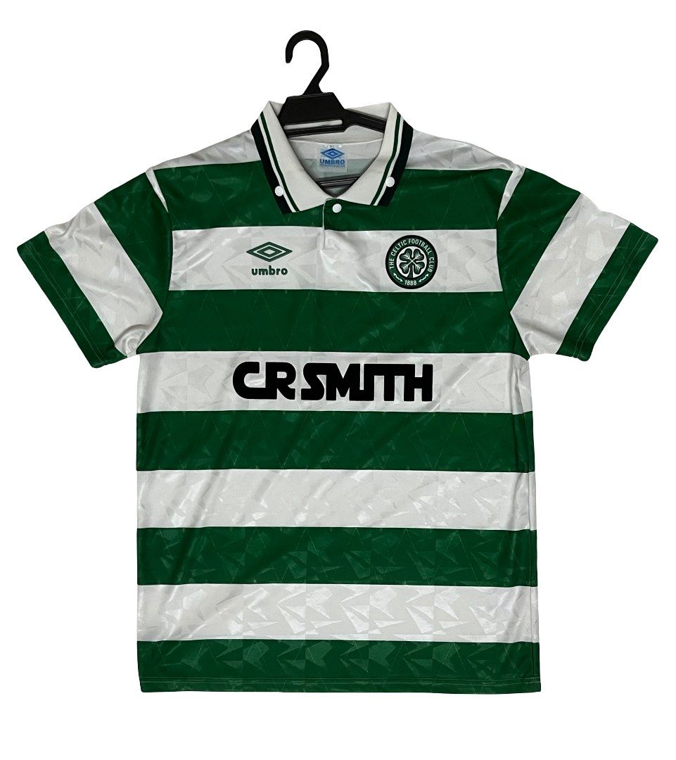 Celtic Jersey (Category: Activewear) located in Kuala Lumpur. Submitted by flyingdrag0n (Listing ID 1443664421, Image 1). Description: spring cleaning my wardrobe to fund for my trip vacation :) a vintage 1989-91 Celtic Home Shirt with classic green and white stripes..